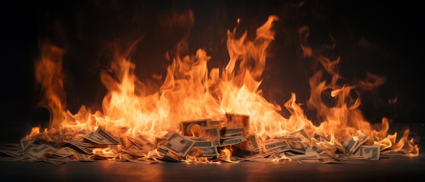 Płonące banknoty na stole