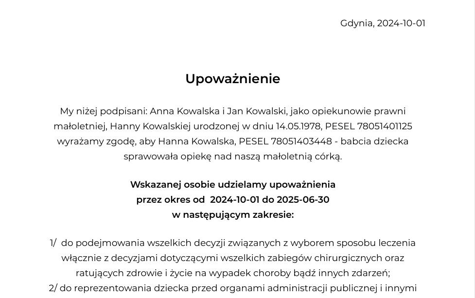 upoważnienie do opieki nad dzieckiem pod nieobecność rodziców pdf
